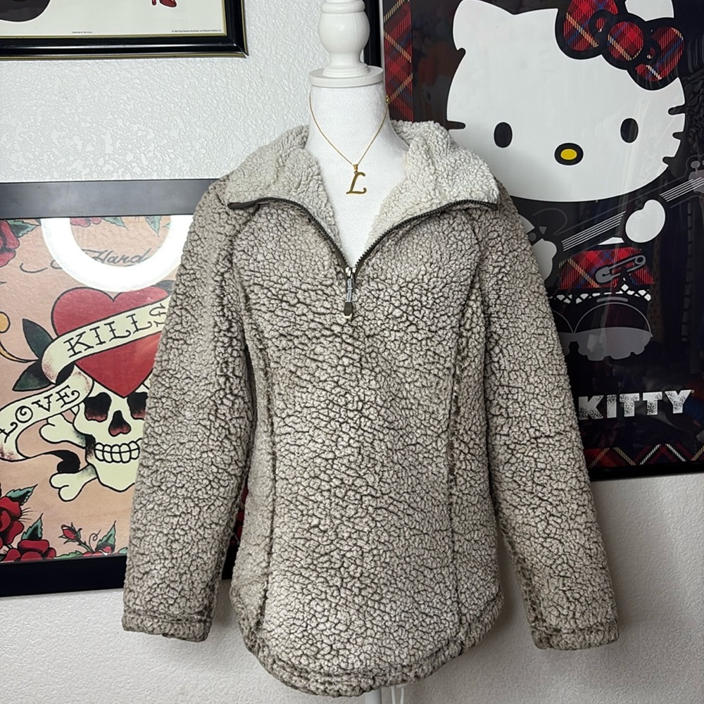 Te Verde Fuzzy Sherpa Quarter Zip Brown Sweater Outerwear Cozy
